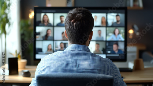 A manager leading a remote team meeting with all participants visible on screen using video conferencing tools photo