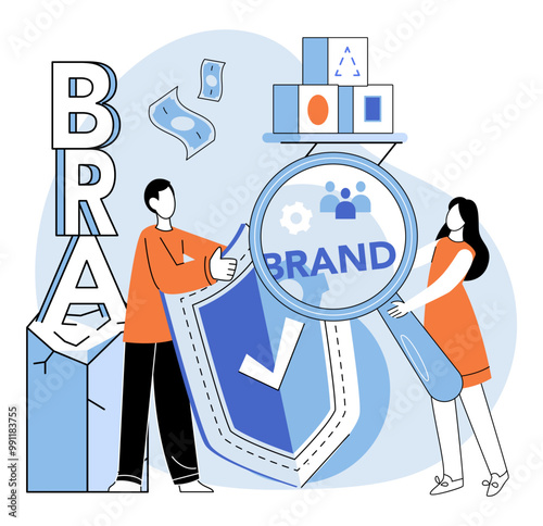 Brand building vector illustration. Marketing, builders tools, constructs awareness and interest in brand under construction Consumerism, demand, shapes market terrain where brand building takes place