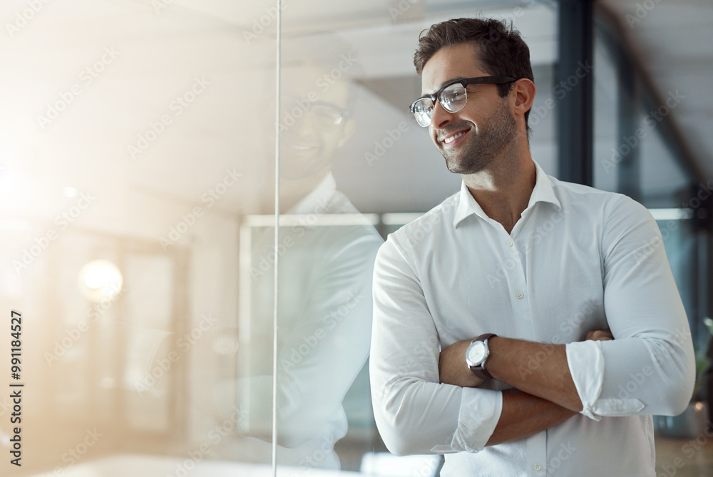 Thinking, happy and business man with arms crossed in office on glass wall for insight, mindset or inspiration. Confident worker, idea and planning future, vision or reflection for view or job growth