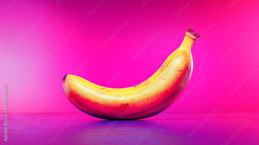 A single yellow banana sits on a bright pink surface. A single yellow banana sits on a bright pink surface.