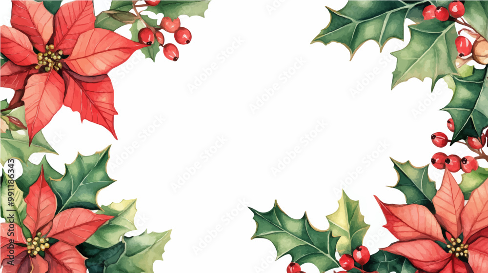 Fototapeta premium christmas greeting card template with watercolor holly branches and berries