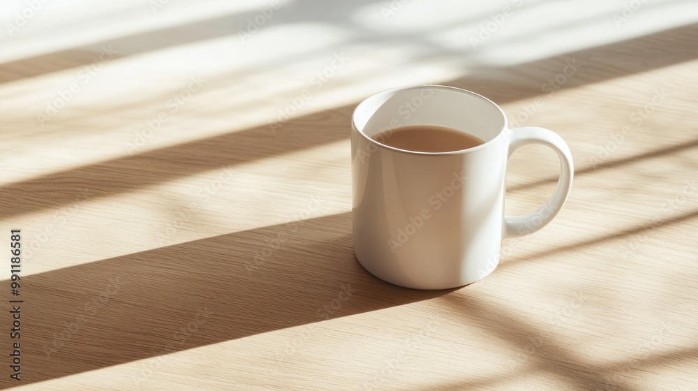 A white mug filled with coffee sits on a wooden surface, casting soft shadows. A white mug filled with coffee sits on a wooden surface, casting soft shadows.