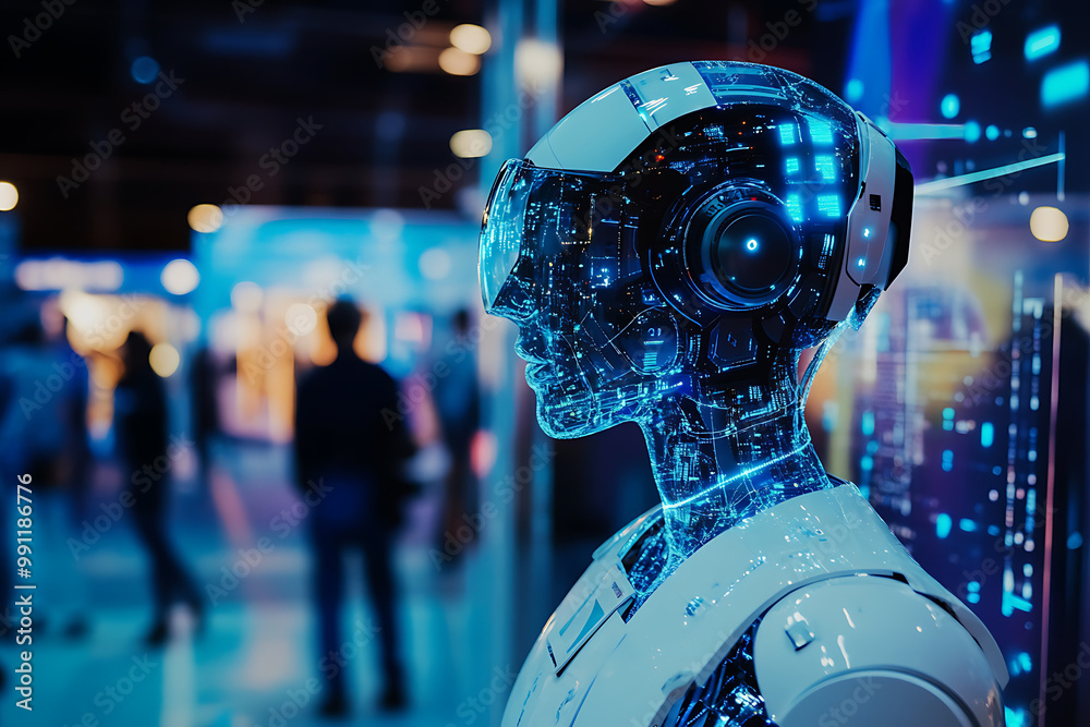 background with a AI tech expo, showcasing the latest innovations, futuristic gadgets, and interactive AI displays background with a AI tech expo, showcasing the latest innovations, futuristic gadgets, and interactive AI displays