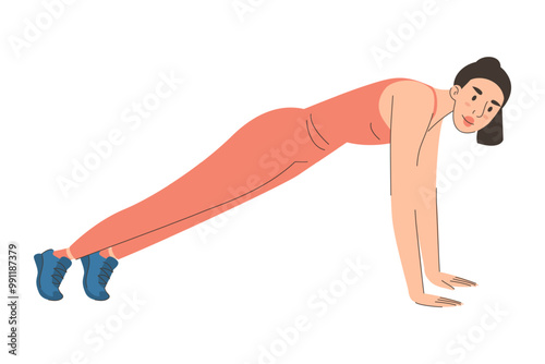 Woman doing plank exercise vector isolated. Illustration of a fitness trainer doing workout. Healthy lifestyle.