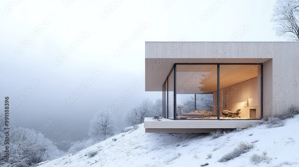 A minimalist wooden Scandinavian house built into a hillside, featuring floor-to-ceiling windows that open up to a serene, snow-covered landscape. A minimalist wooden Scandinavian house built into a hillside, featuring floor-to-ceiling windows that open up to a serene, snow-covered landscape.