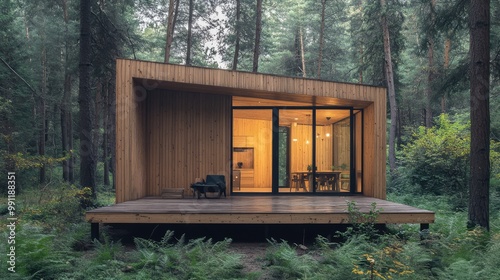 A minimalist wooden house designed with sustainable materials, blending seamlessly into a pine forest with a simple geometric form and natural colors.