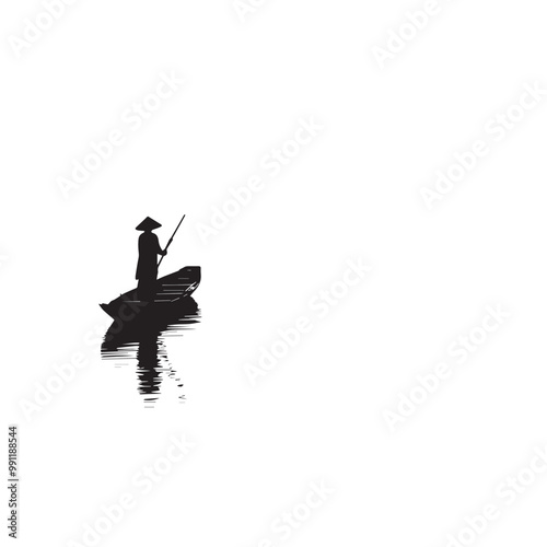 black and white a villager rowing a small sampan boat vector