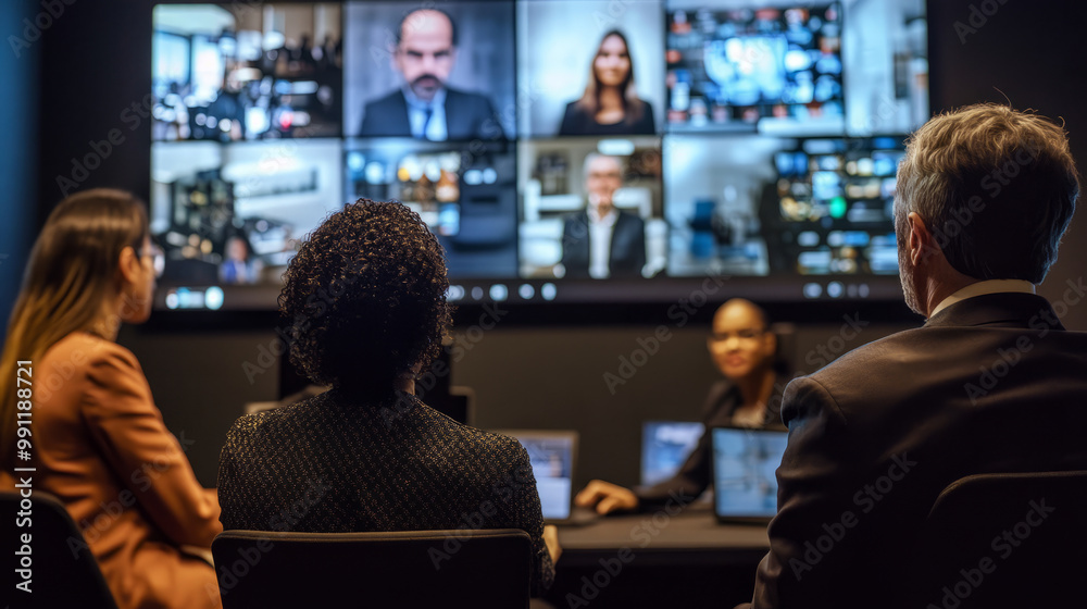 Fototapeta premium A team watching a live media briefing about a corporate crisis, adjusting their communication strategy in real-time