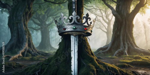 banner of beautiful king crown over moss in front of dark forest background. fantasy medieval period photo