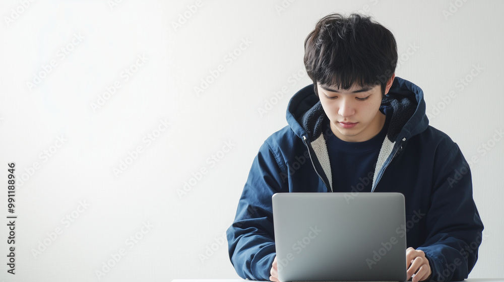 Focused Teen Boy Working on Laptop Focused Teen Boy Working on Laptop