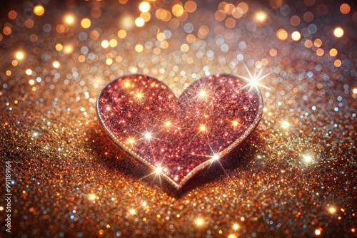 Sparkling red heart resting on golden glitter