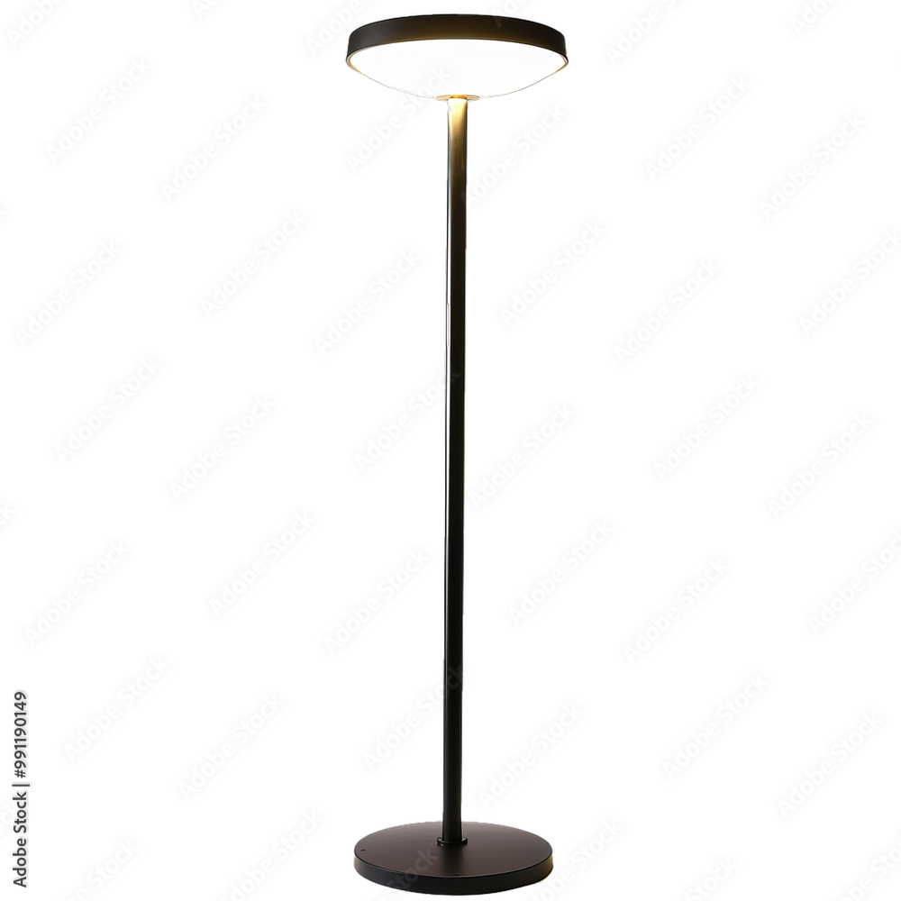 Tall, slender black floor lamp with a circular shade is casting a warm glow on a white background