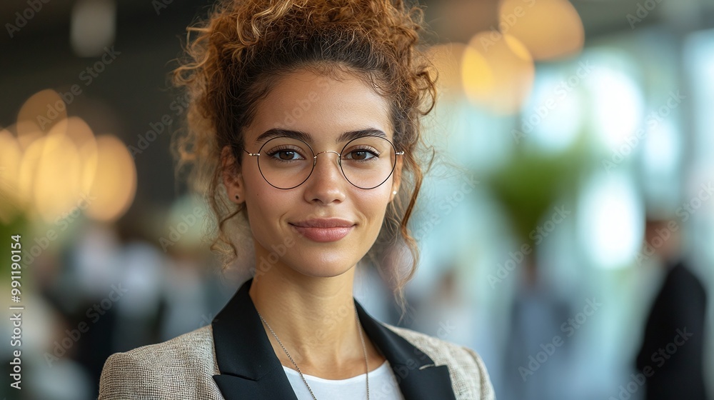 Obraz premium happy businesswoman at a conference in a convention center, looking directly at the camera with a smile, actively participating in corporate networking, leadership presentations, and business success