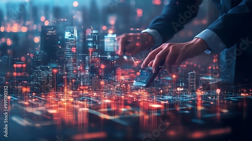Businessman working with a holographic city model, a concept of smart city and urban development.