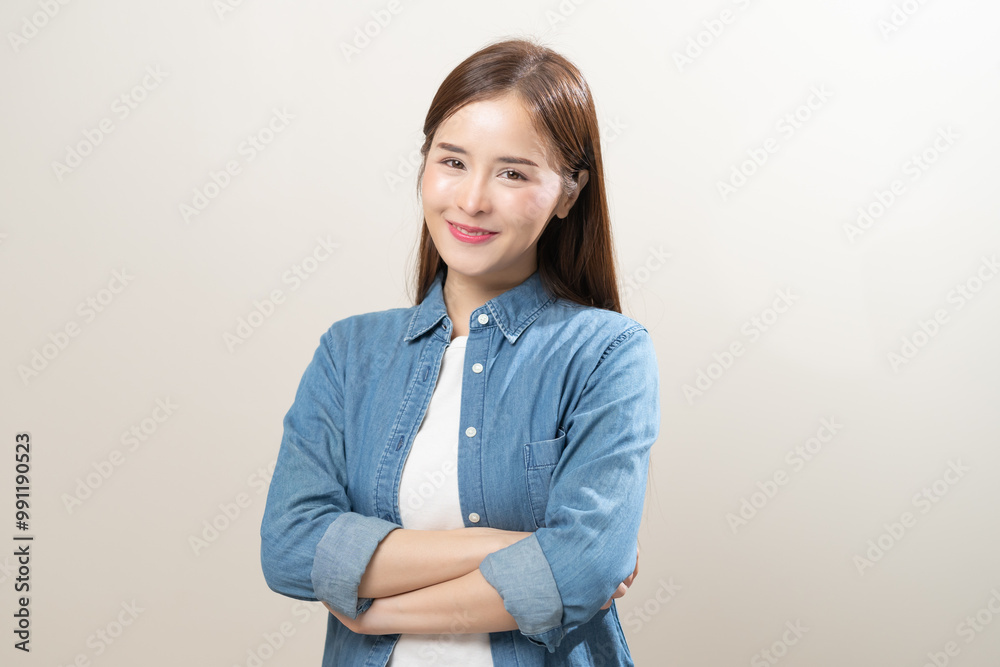 Smile positive, happy asian young woman, girl in casual, portrait of beautiful female with long hair feeling prond, standing crossed arms looking at camera, isolated on white background, copy space. Smile positive, happy asian young woman, girl in casual, portrait of beautiful female with long hair feeling prond, standing crossed arms looking at camera, isolated on white background, copy space.