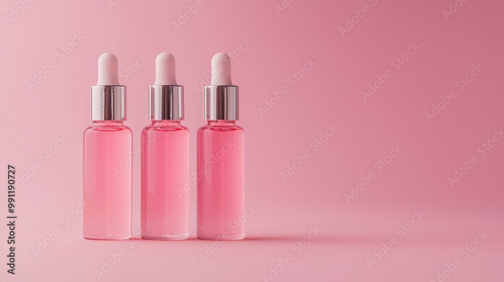Three elegant cosmetic bottles with pink liquid on a pink background, showcasing a minimalist and modern beauty aesthetic. Three elegant cosmetic bottles with pink liquid on a pink background, showcasing a minimalist and modern beauty aesthetic.