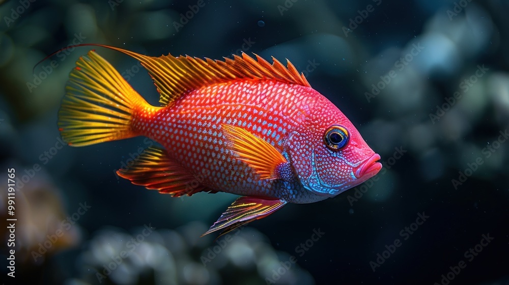 A vibrant red siam fish against a dark black backdrop.