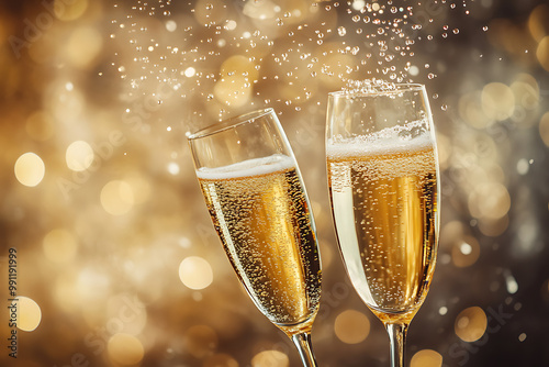 Celebratory New Year's background with champagne glasses clinking and golden bubbles floating up