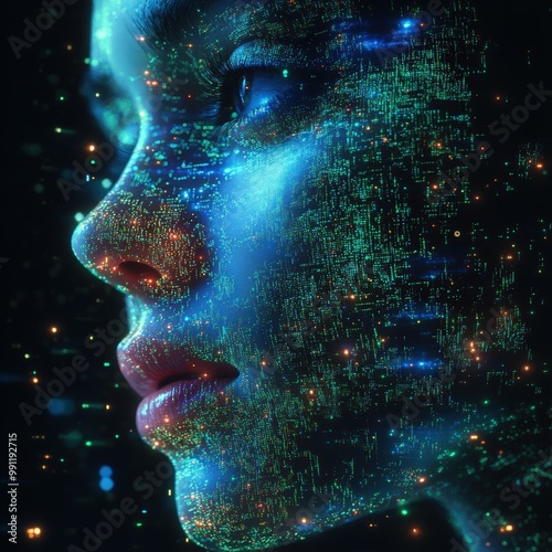 Abstract portrait of a human face illuminated by digital light patterns