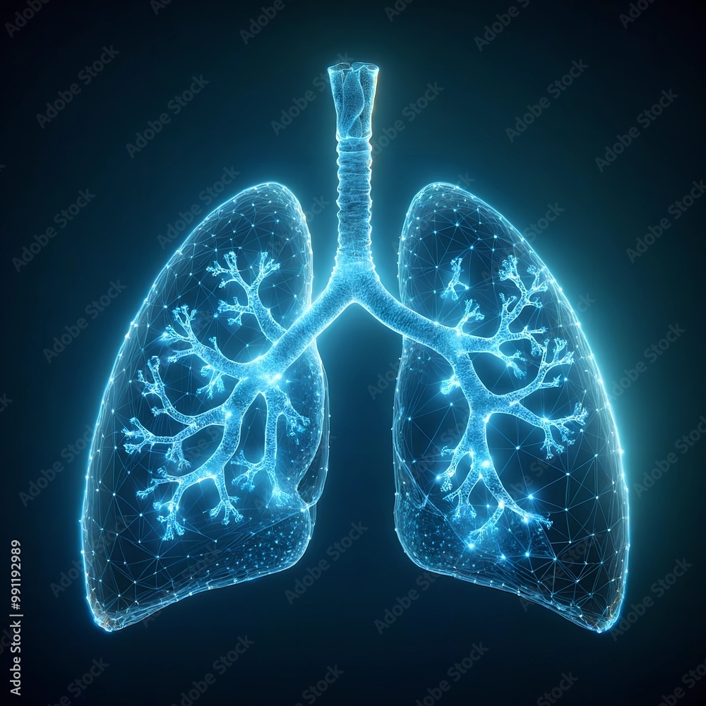 Holographic representation of human lungs with bronchi and alveoli glowing in a spectrum of luminous blue colors Holographic representation of human lungs with bronchi and alveoli glowing in a spectrum of luminous blue colors