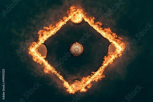 A striking image of a diamond shape formed by flames, enclosing a baseball at the center, evoking excitement and energy.