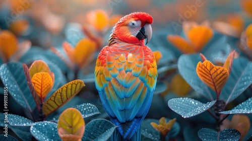 Blue background with colored feathers of vibrant parrot.