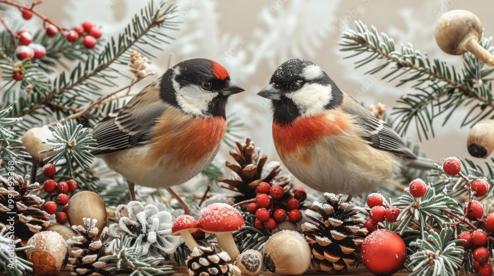 Fototapeta premium Christmas seamless pattern, birds, pine twigs, cones, red berries, mushrooms, snow, light gray background.