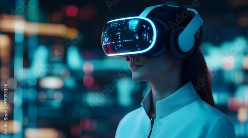 A woman wearing advanced virtual reality goggles, immersed in a digital environment, reflecting modern technology and futuristic design.