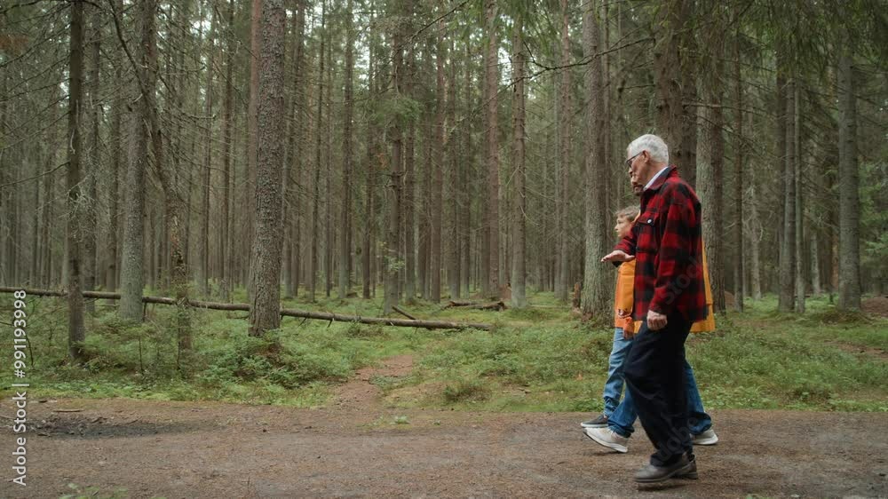 Grandfather, son and teenager grandson walk together along pathway in forest. Three male family generations enjoying bonding together, communication and strolling. Elderly and adult man, and teen boy Grandfather, son and teenager grandson walk together along pathway in forest. Three male family generations enjoying bonding together, communication and strolling. Elderly and adult man, and teen boy