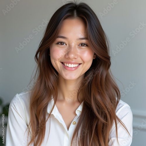 Smiling Woman with Long Brown Hair .