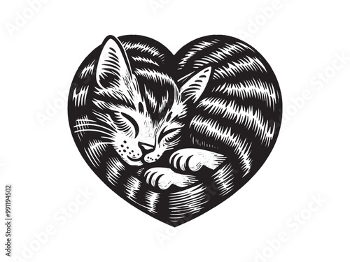 Cute tabby cat curled up in the shape of a heart. vintage hand drawn illustration, ink emblem, print