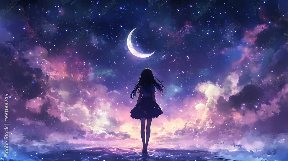 Anime girl in a dreamy celestial setting, with a background of stars and a crescent moon Anime girl in a dreamy celestial setting, with a background of stars and a crescent moon
