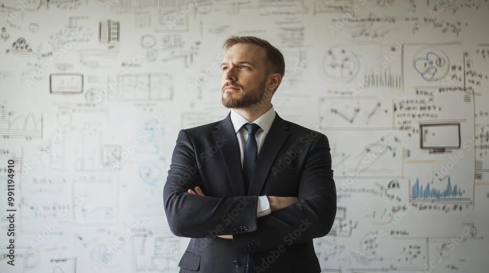 A confident man in a suit stands against a wall filled with diagrams and notes. A confident man in a suit stands against a wall filled with diagrams and notes.