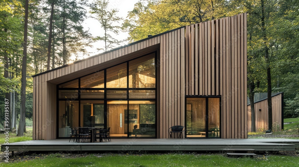 Fototapeta premium A modern wooden home designed with Scandinavian simplicity, featuring vertical slats of timber and large windows that overlook a peaceful forest clearing.