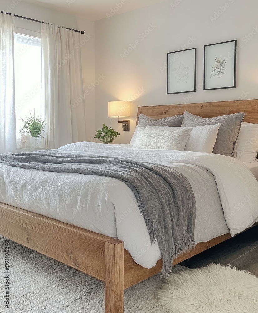 Obraz premium A bedroom with clean white walls, a wooden bed with grey linen, bedside lamps, and a few small green plants. A fluffy rug beside the bed adds extra comfort