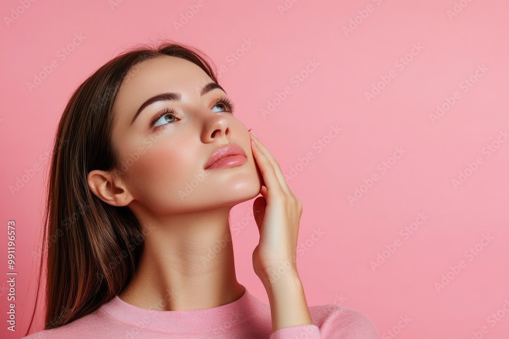 Attractive charming calm young woman applying cream on clean skin of face isolated on pink background with copy space Attractive charming calm young woman applying cream on clean skin of face isolated on pink background with copy space
