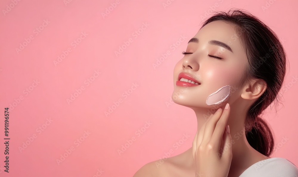 Attractive charming calm young Asian woman applying cream on clean skin of face isolated on pink background with copy space. Beauty concept, natural skin, cosmetic care, spa, plastic surgery
