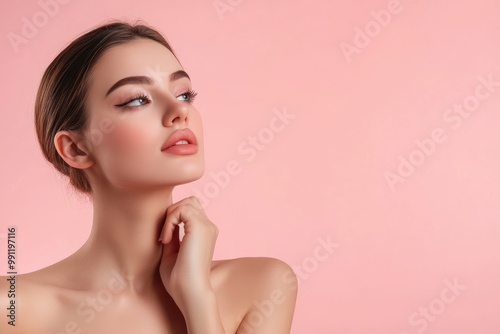 Attractive charming calm young woman applying cream on clean skin of neck isolated on pink background with copy space. Beauty concept, natural skin, cosmetic care, spa, plastic surgery