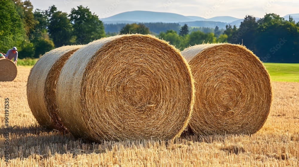 Two straw bales on a sunny field with mountains in the distance. Two straw bales on a sunny field with mountains in the distance.