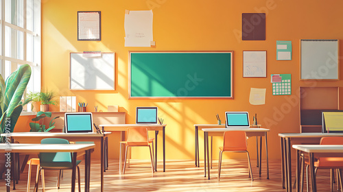 Charming background with a tech classroom setup, featuring interactive whiteboards, tablets, and digital learning tools