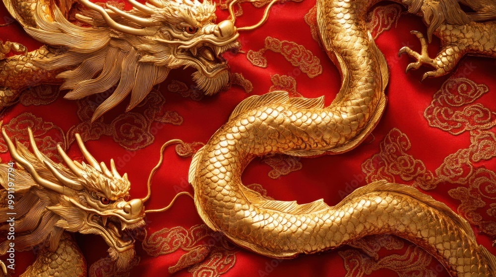 Obraz premium Close-up of golden dragon motifs on a vibrant red background, symbolizing strength and prosperity in the New Year.