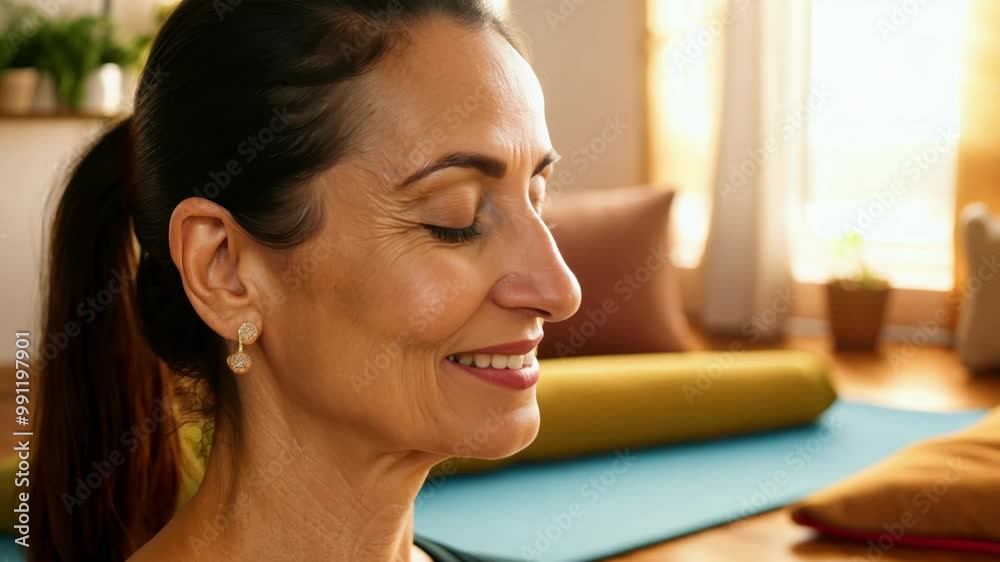 Establishing video of middle-aged arab woman in cat-cow pose, smooth dolly in, warm light. Establishing video of middle-aged arab woman in cat-cow pose, smooth dolly in, warm light.