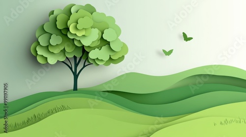 Abstract green background with a tree and waves for the World Environment Day concept in a paper-cut style  photo