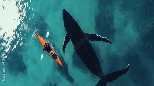 Aerial Photography of a Kayak Adventurer and an Orca Sharing the Tranquil Ocean photo