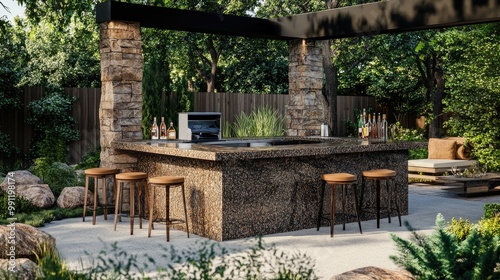 Elegant outdoor bar with a granite countertop and high-top stools in a stylish garden setting photo