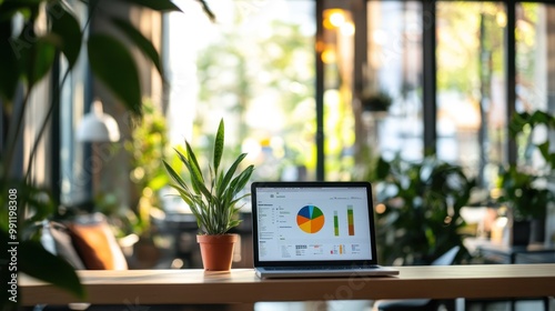 A laptop displaying graphs sits on a table surrounded by plants in a modern workspace.