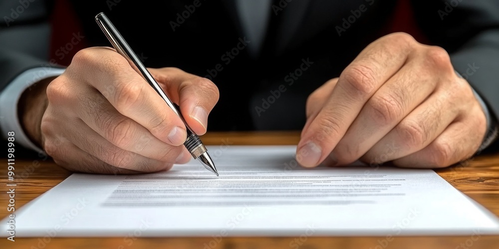 Businessman sitting at desk holds pen signing contract paper, lease mortgage, employment hr or affirm partnership Businessman sitting at desk holds pen signing contract paper, lease mortgage, employment hr or affirm partnership