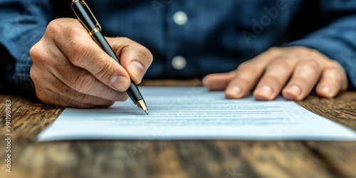 Businessman sitting at desk holds pen signing contract paper, lease mortgage, employment hr or affirm partnership