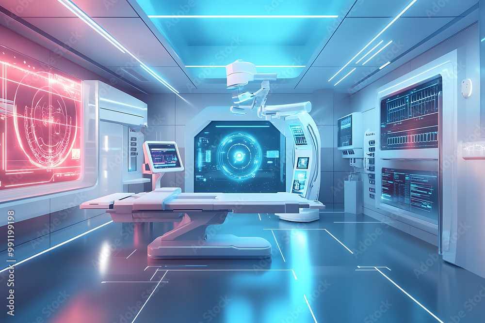 background with a sleek AI-powered healthcare facility, featuring advanced medical equipment, holographic diagnostics, and a clean design background with a sleek AI-powered healthcare facility, featuring advanced medical equipment, holographic diagnostics, and a clean design