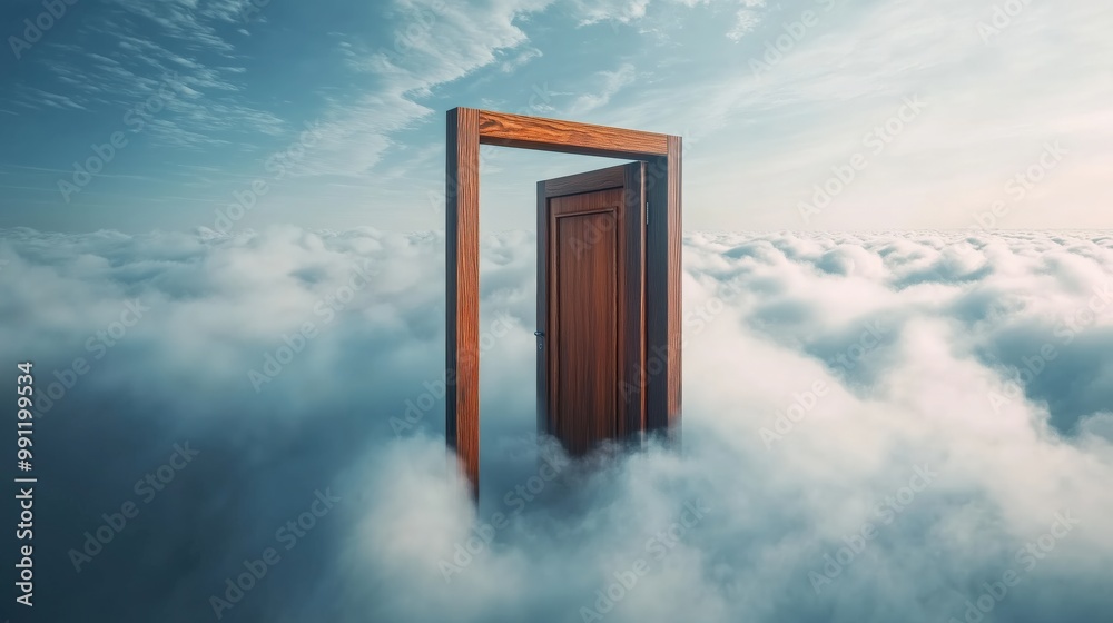 Door floating in the sky surrounded by clouds Door floating in the sky surrounded by clouds